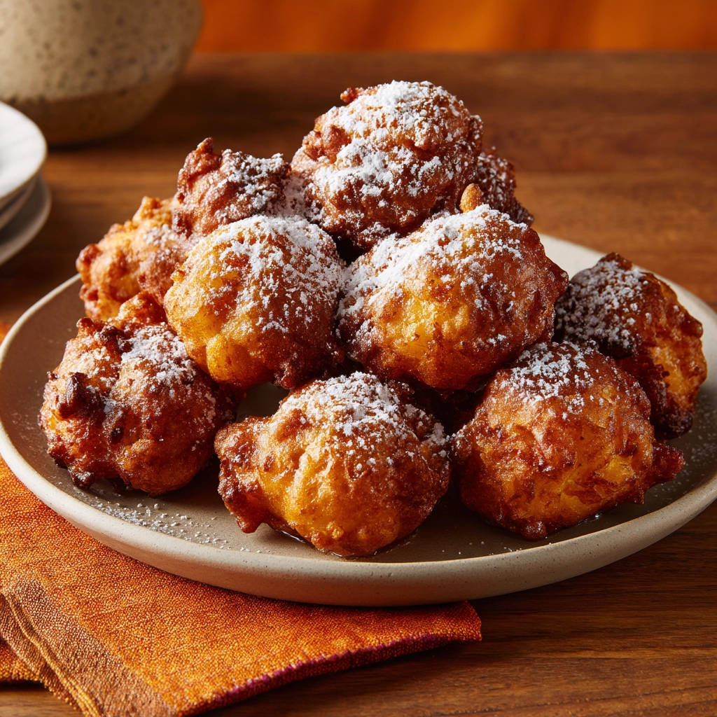 Easy apple fritters dusted with powdered sugar, piled high on a plate with an orange napkin.