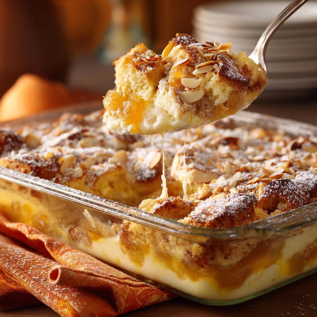 Apricot almond bread pudding being lifted with a serving spoon, showing layers of cake and fruit.