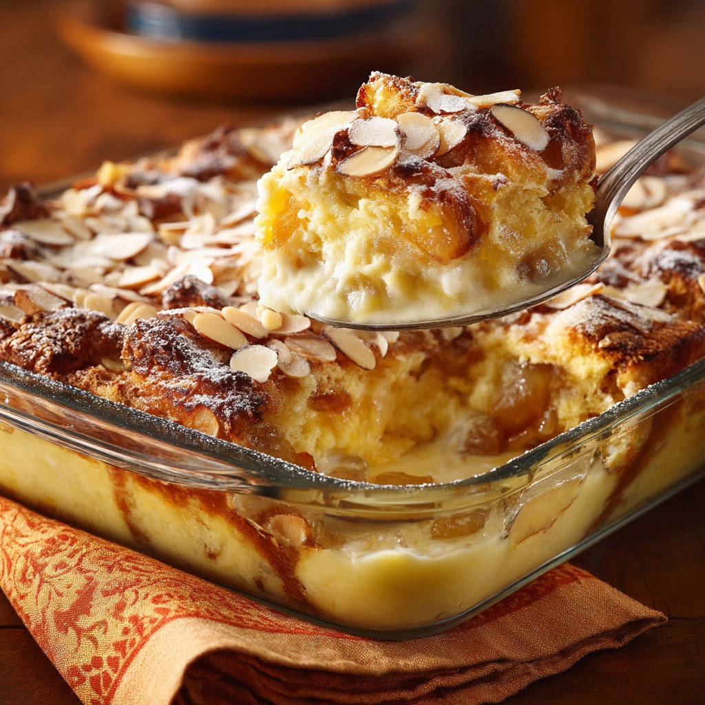 Apricot almond bread pudding with a spoonful lifted out, showing a moist interior and toasted almond topping.