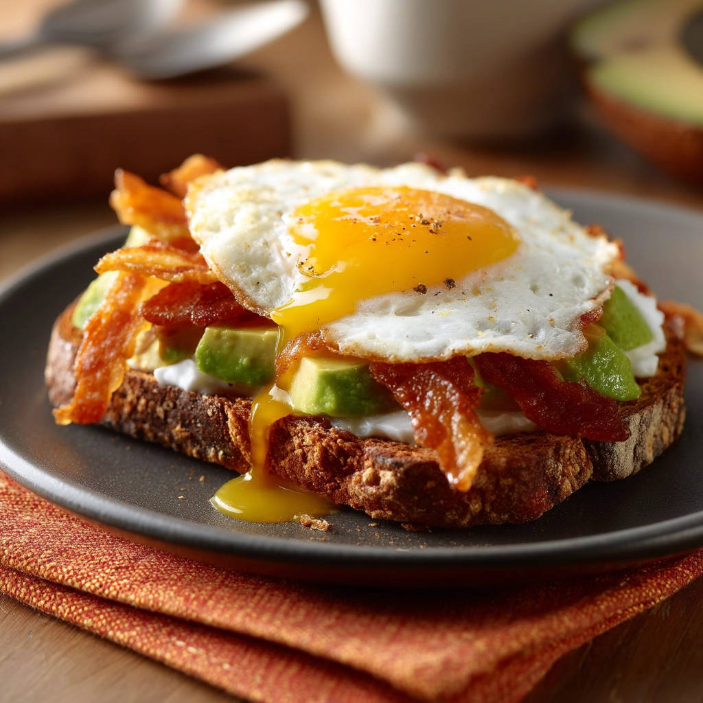 Avocado toast with bacon and a perfect runny egg, showing a close-up of the runny yolk dripping onto the toast.