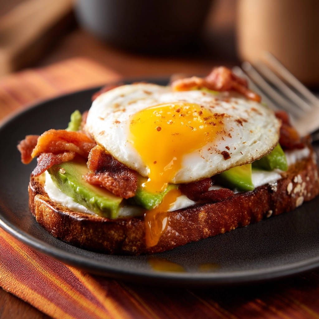 Avocado toast with bacon and a perfect runny egg with yolk dripping down onto the toast.