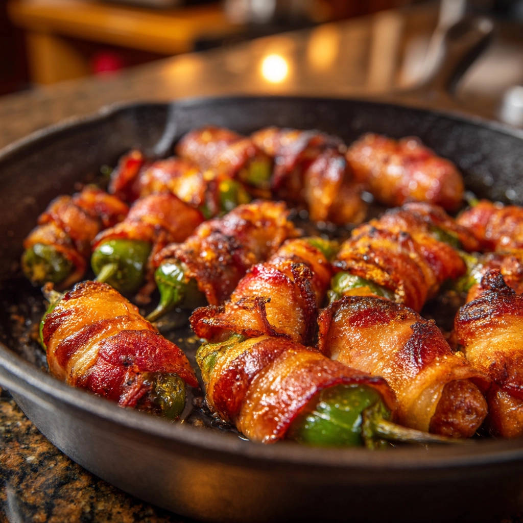 Bacon wrapped jalapeno poppers in a cast iron skillet, viewed up close with focus on the crispy bacon.