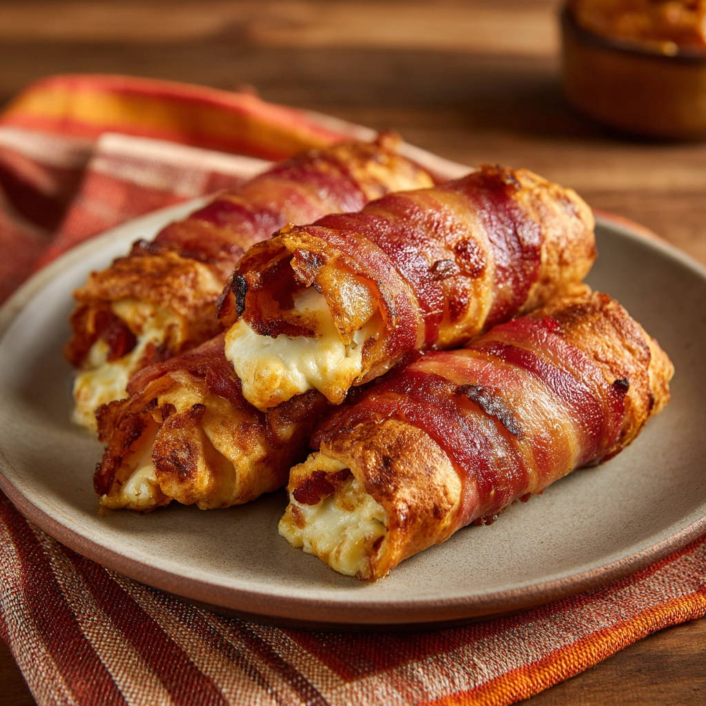 Bacon-wrapped meat & cheese rolls showing the melty cheese filling in a close-up view.