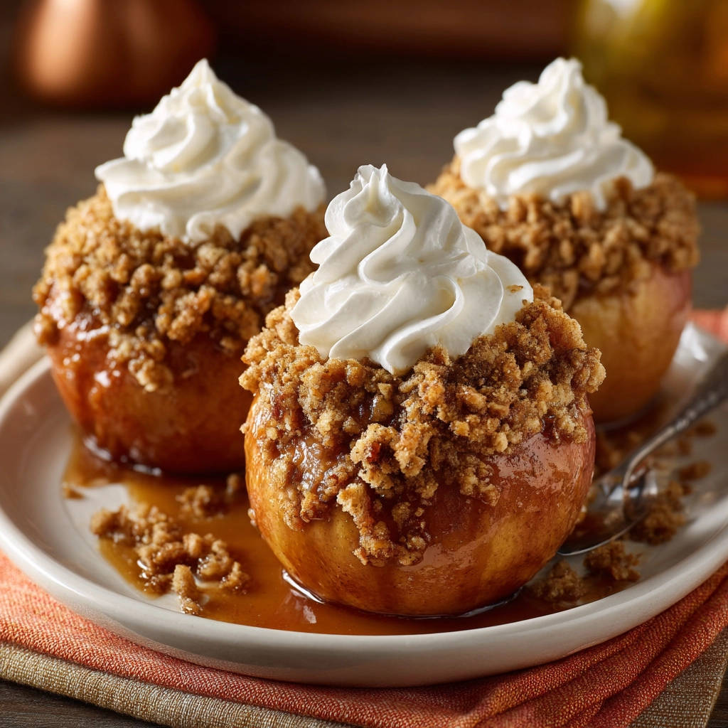 Perfectly cozy baked apples with crumble topping and a swirl of whipped cream on a white plate.