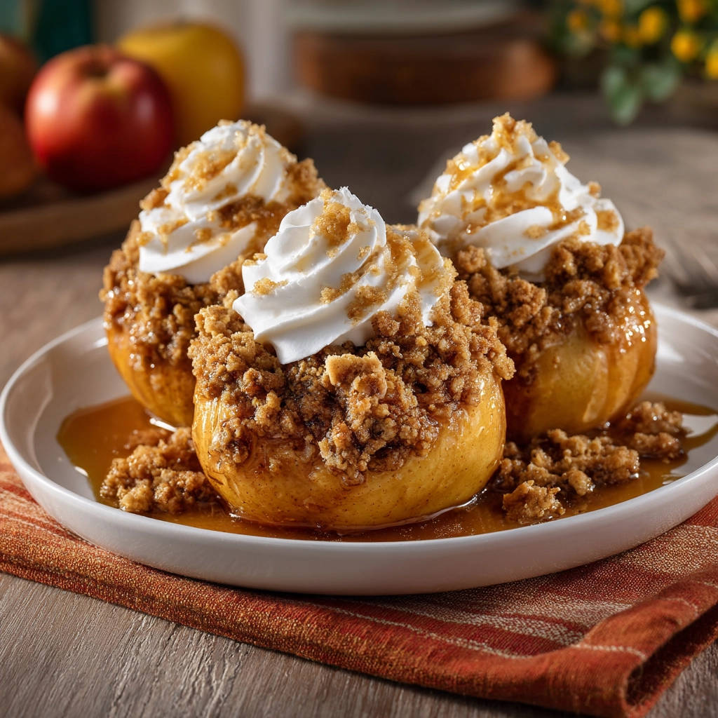 Perfectly cozy baked apples with crumble topped with swirls of whipped cream and drizzled caramel.
