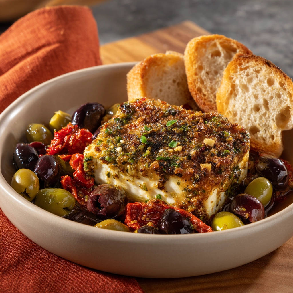 Baked feta with olives and tomatoes served in a bowl with toasted bread, a close-up view.