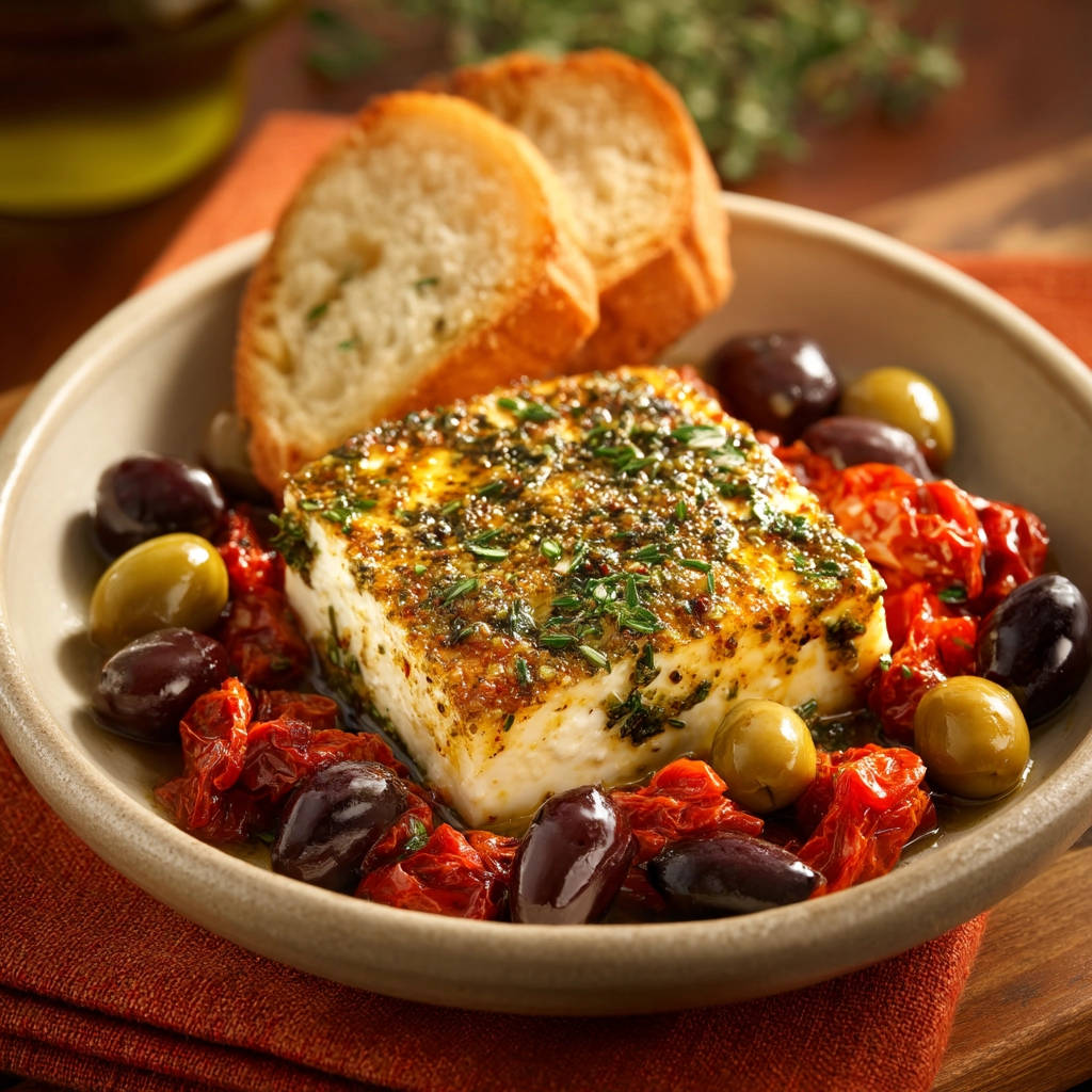 Baked feta with olives and tomatoes, featuring a close-up detail of herbs and spices on the cheese.