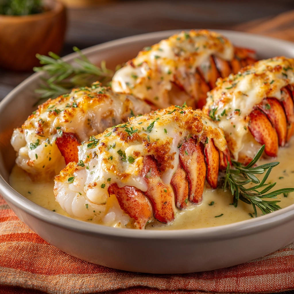 Baked lobster tails with a golden, cheesy topping and fresh rosemary garnish, served in a creamy sauce.