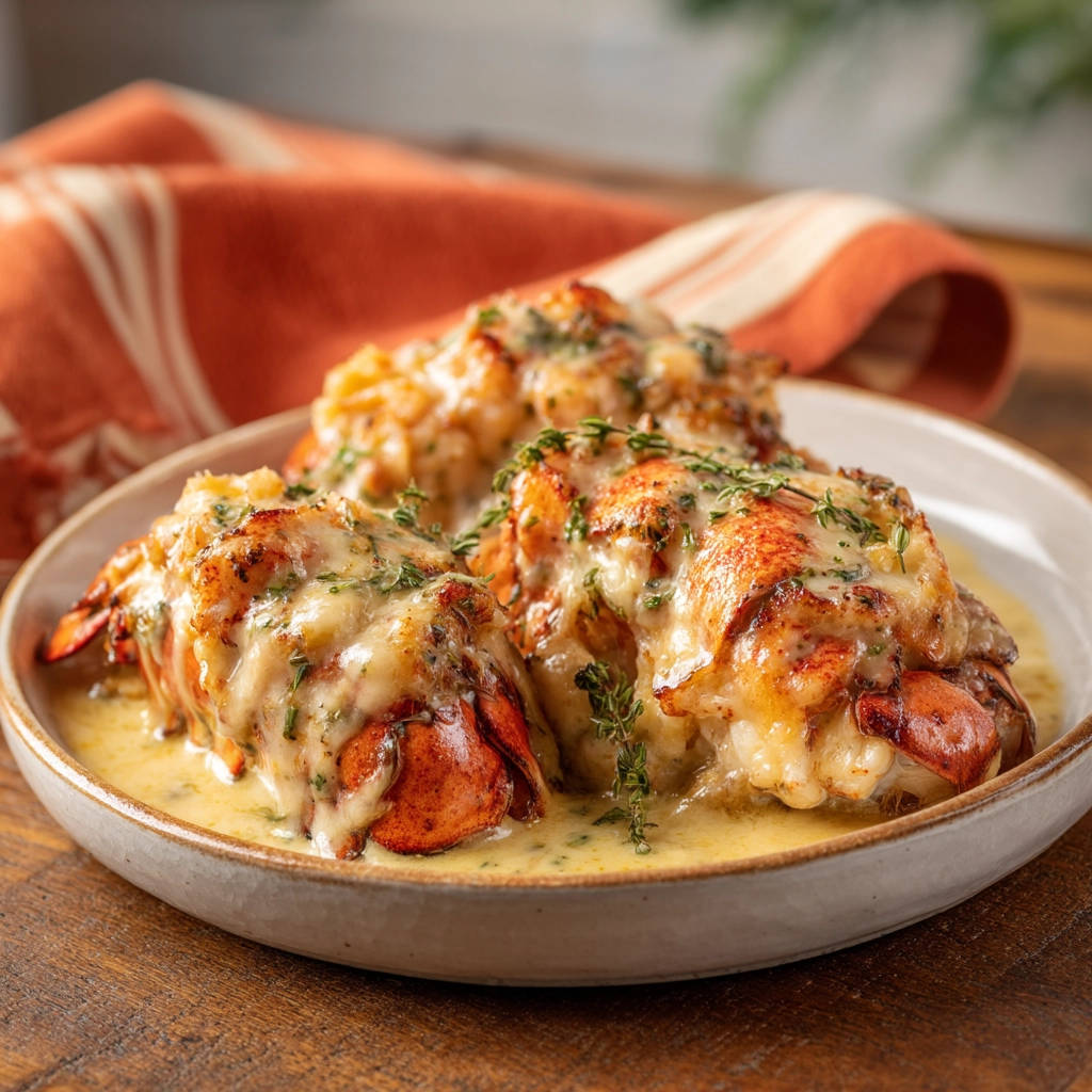 Baked lobster tails swimming in a rich, creamy garlic sauce, garnished with fresh herbs.
