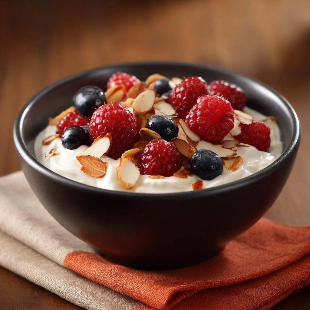 Creamy baked rice pudding in a dark bowl, topped with fresh raspberries, blueberries, and sliced almonds.
