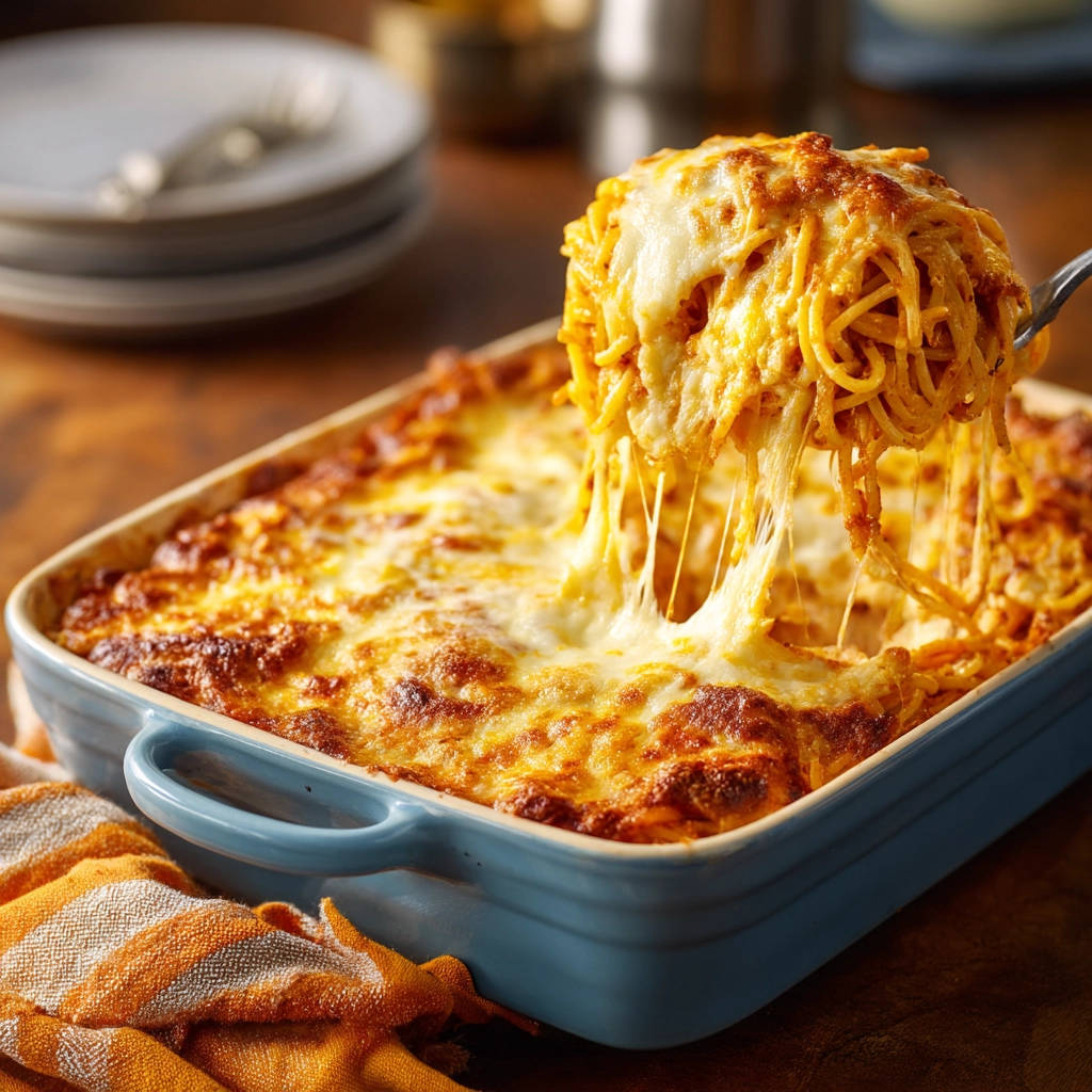Baked spaghetti perfection with a glorious cheese pull being lifted from the dish.