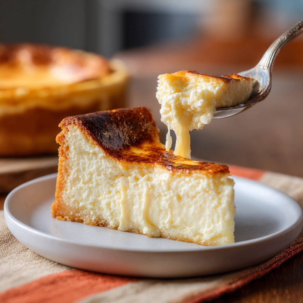 Basque cheesecake with a molten middle, a slice is lifted on a spoon, showing its creamy texture.