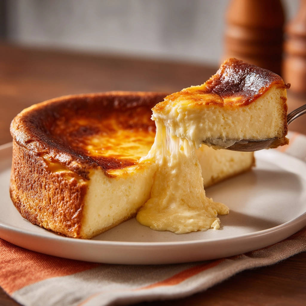 Basque cheesecake with a molten middle being pulled away on a spoon, showing gooey texture.