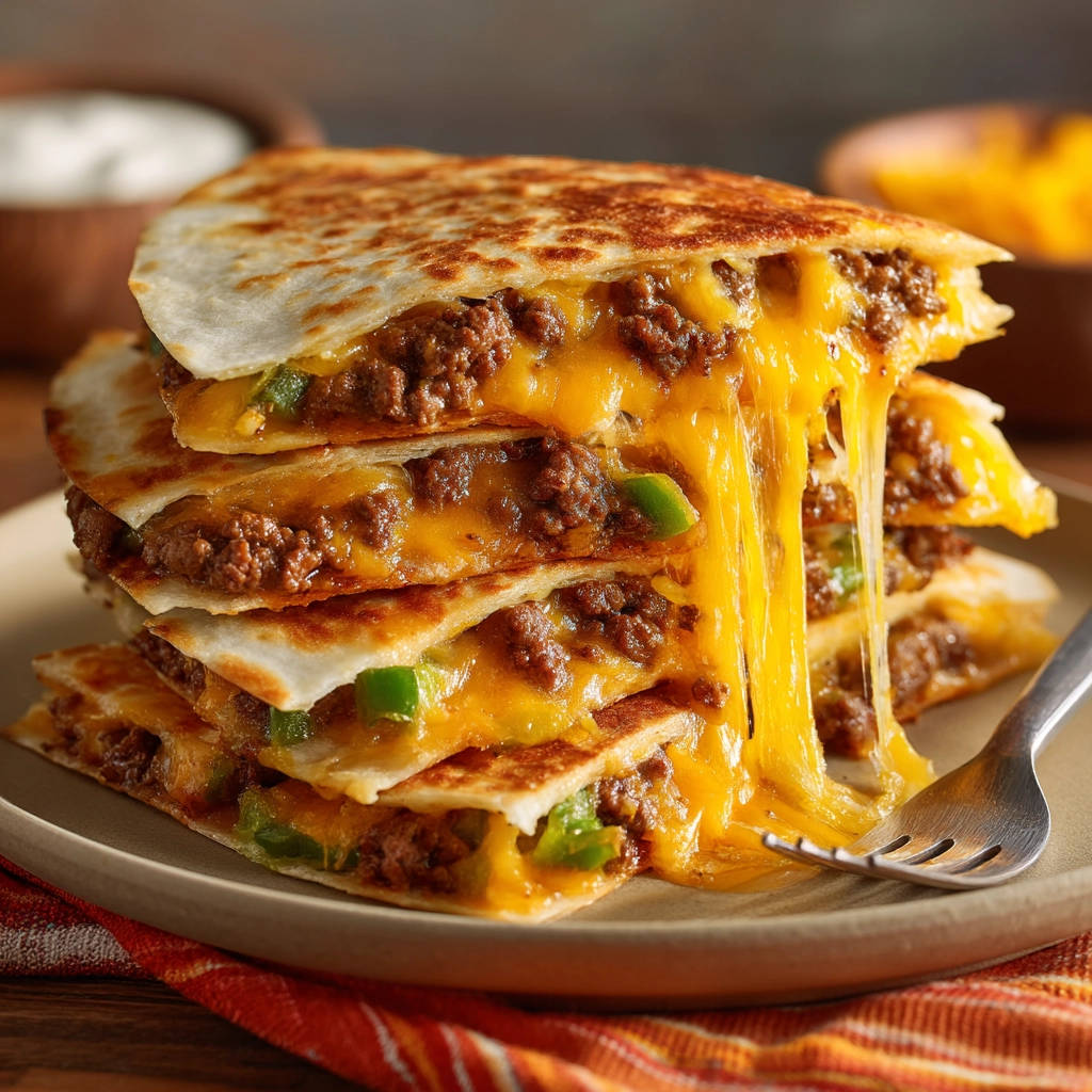 Beef and cheese quesadillas showing a gooey cheese pull cascading from the stacked wedges.