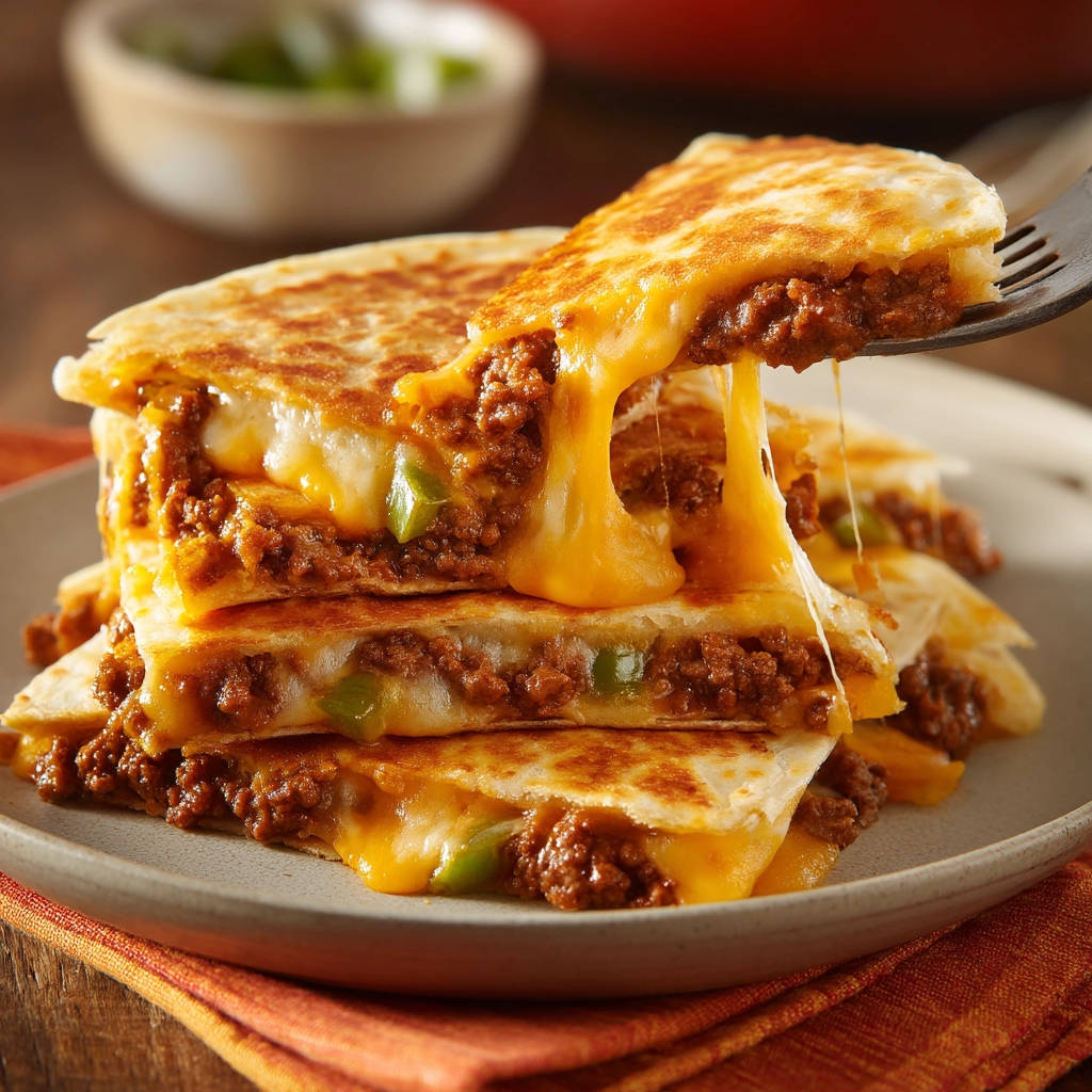 Beef and cheese quesadillas with a fork lifting a gooey slice showing a generous cheese pull.