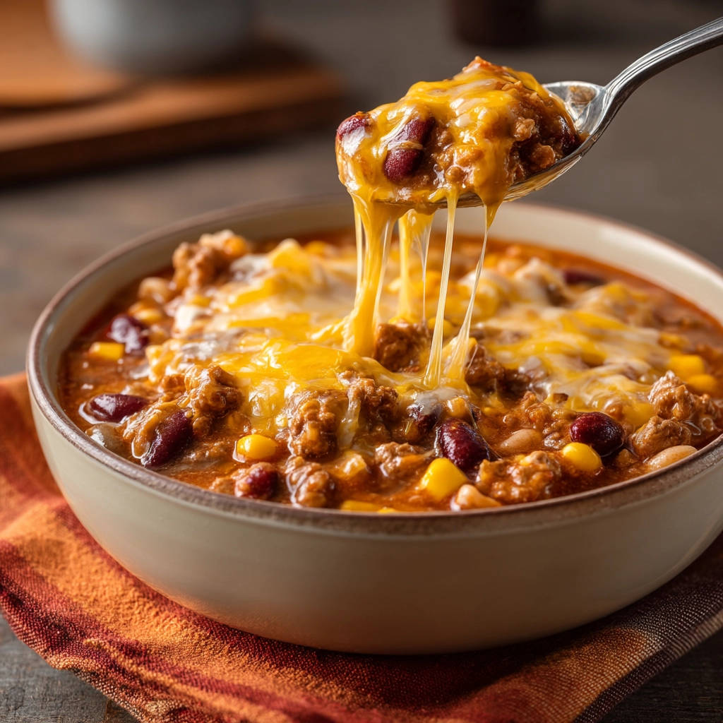 Hearty Beef Chili Mac with a cheesy spoonful being lifted from the bowl, showing melted cheese strands.