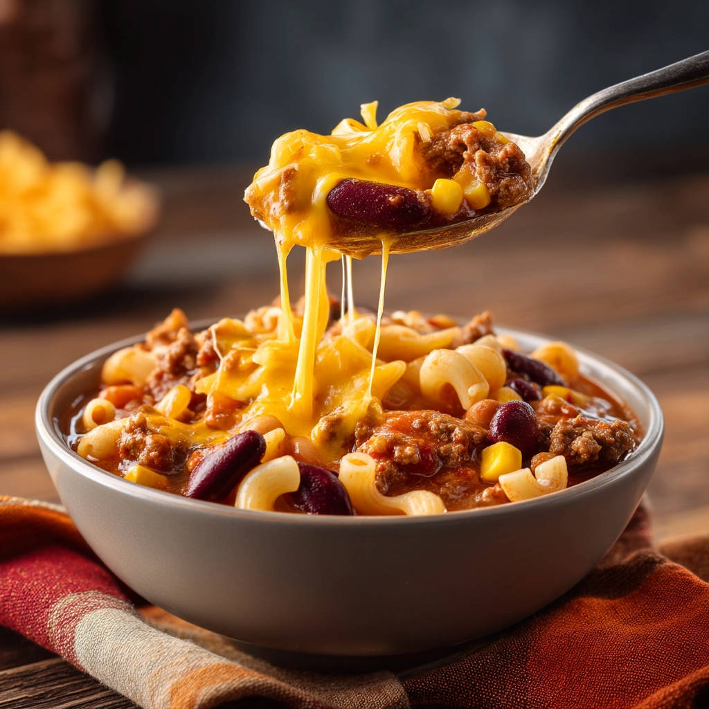 Hearty Beef Chili Mac shown with a spoonful lifting up, showcasing the gooey melted cheese pull.