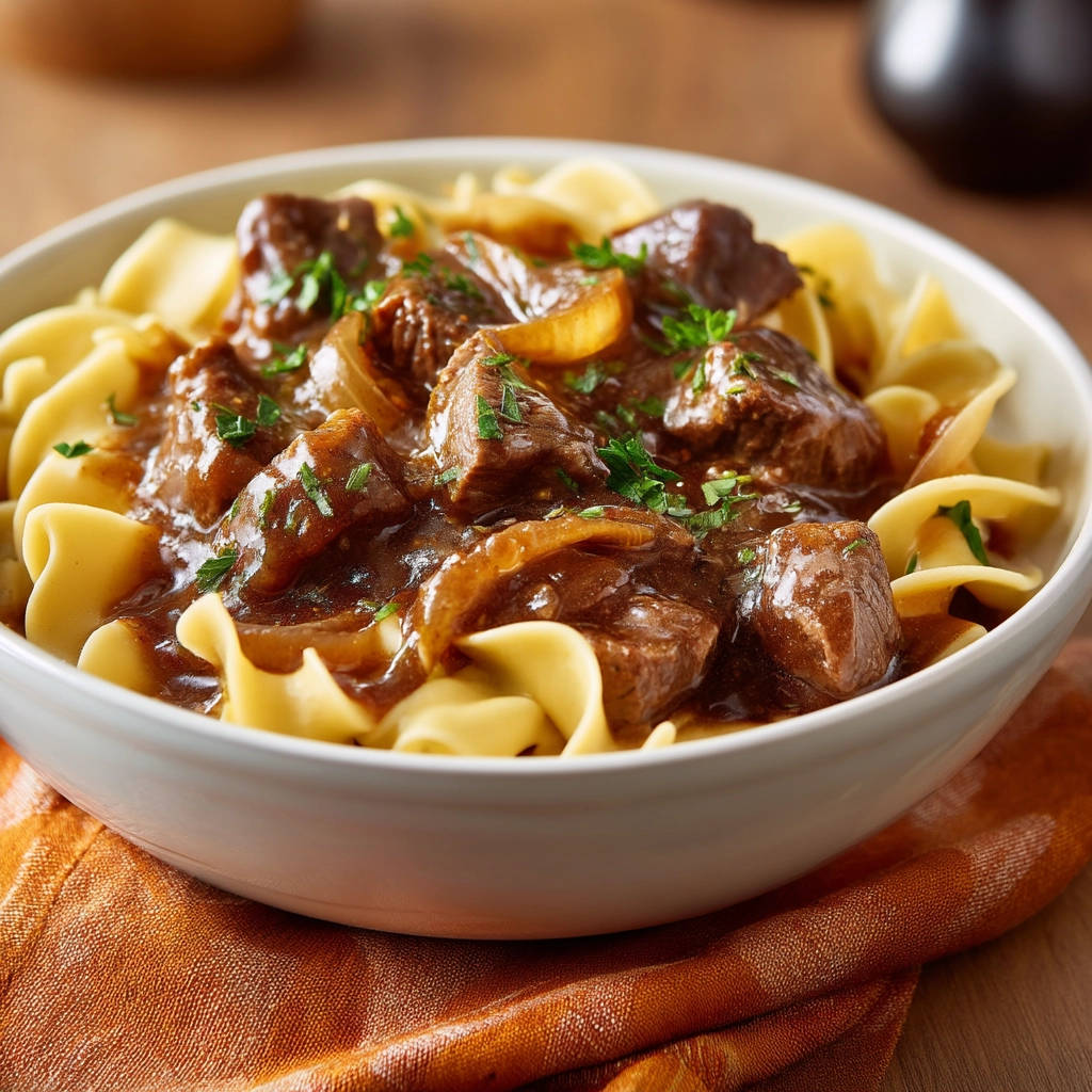 Classic beef & onion stew served over wide egg noodles, garnished with fresh parsley.