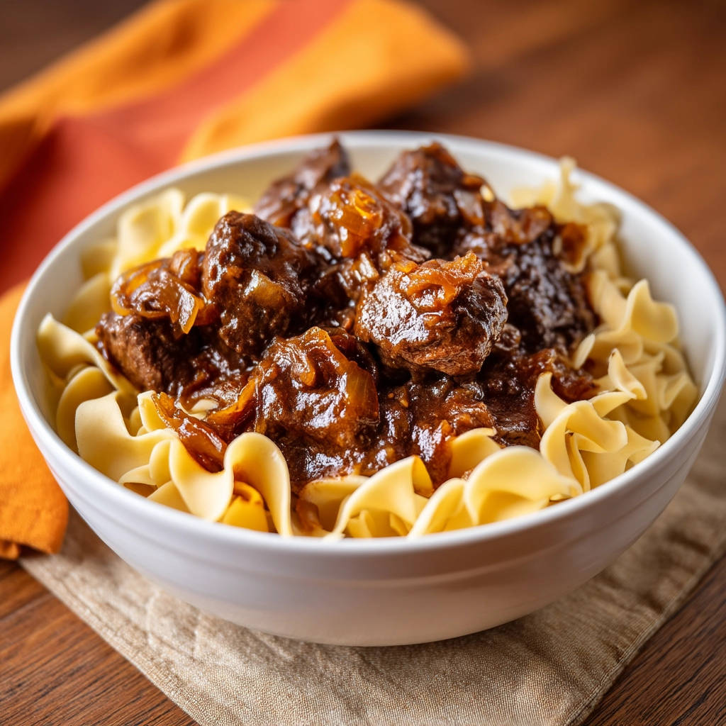 Classic beef & onion stew served in a white bowl over egg noodles, showing a close-up of the rich, dark sauce and tender meat.