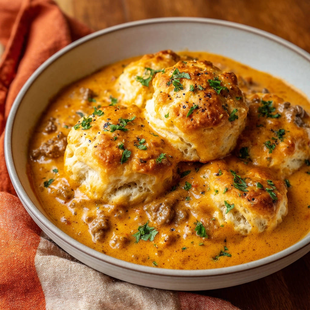 Easy biscuits and gravy served in a bowl, showcasing fluffy biscuits covered in creamy sausage gravy and sprinkled with parsley.