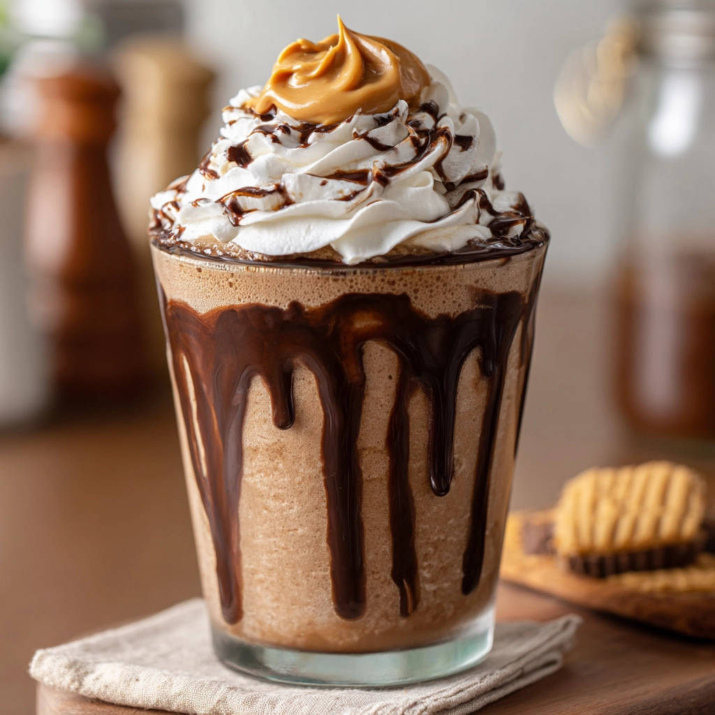 Ultimate blended caramel chocolate treat with whipped cream topping and chocolate drizzle.