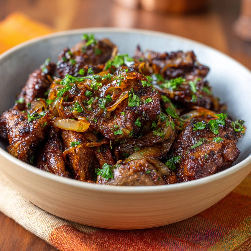 Braised beef with caramelized onions, a rich dish garnished with fresh parsley, served in a bowl.