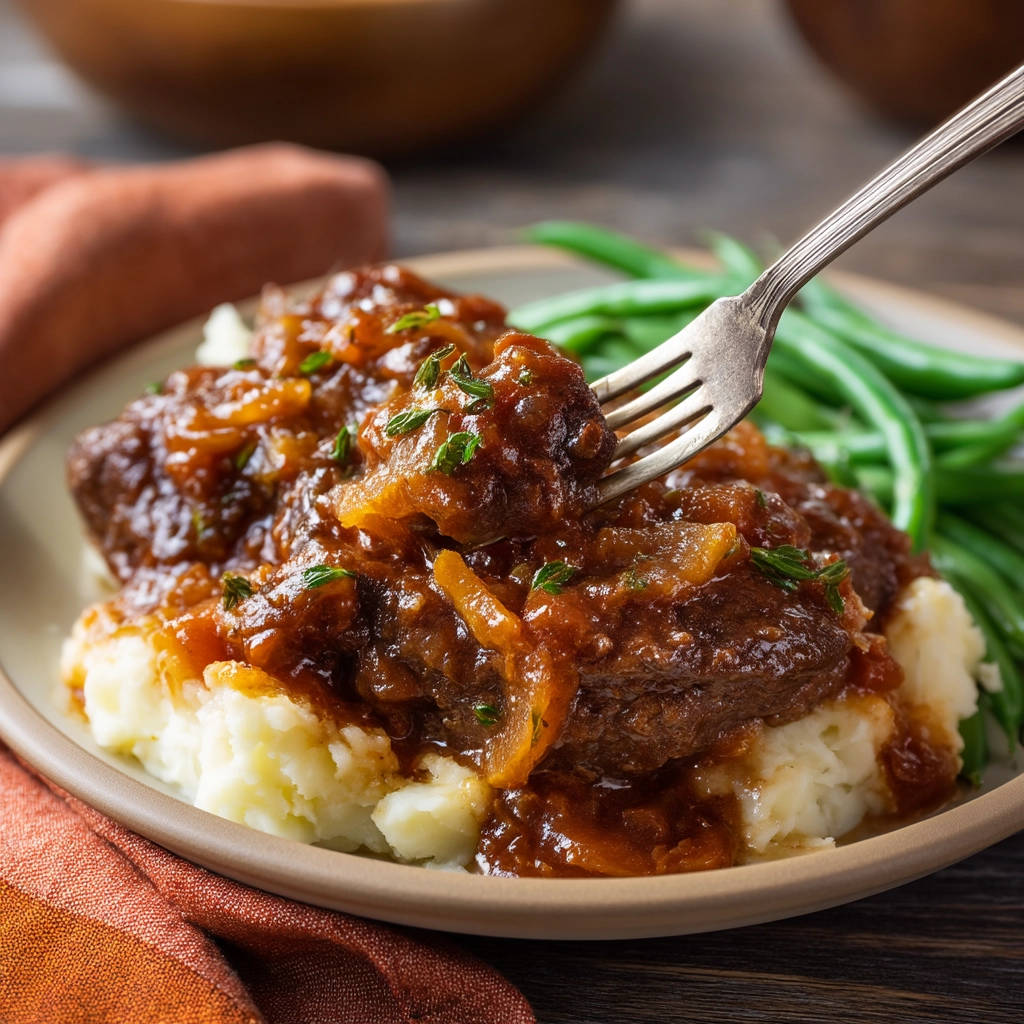 Braised beef with gravy plated with mashed potatoes and green beans, a fork lifts a piece of beef.