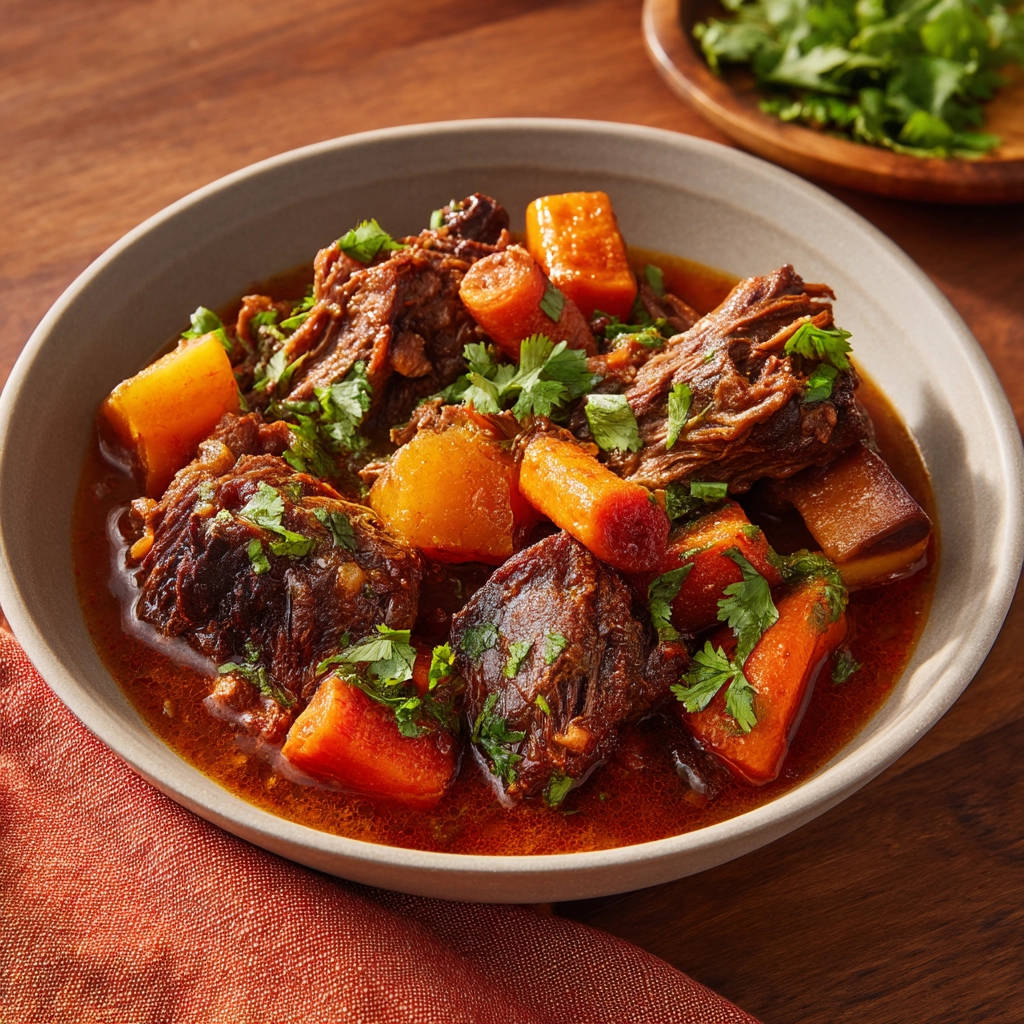 Braised beef with root vegetables in a rustic bowl, garnished with fresh parsley, showing tender meat and carrots.
