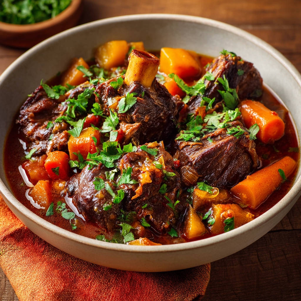 Braised beef with root vegetables served in a rustic bowl, garnished with fresh parsley.
