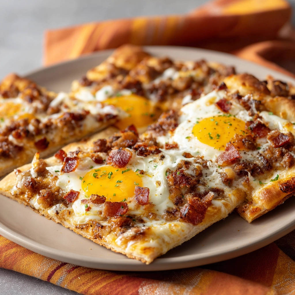 Mini breakfast bites served sliced on a plate, topped with eggs, sausage, and bacon.
