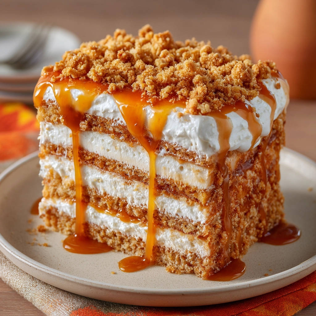 Amazing Caramel Crumb Cream Cake shown in a close-up cross-section with rich caramel drizzle cascading down the layers.