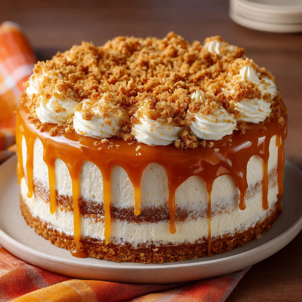 Amazing Caramel Crumb Cream Cake with thick caramel dripping down the sides and topped with whipped cream and crumbs.