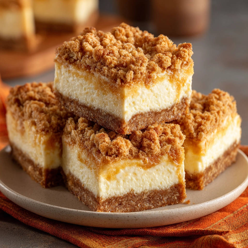 Creamy caramel crumble cheesecake bars stacked on a plate, showcasing their layered texture and crumb topping.