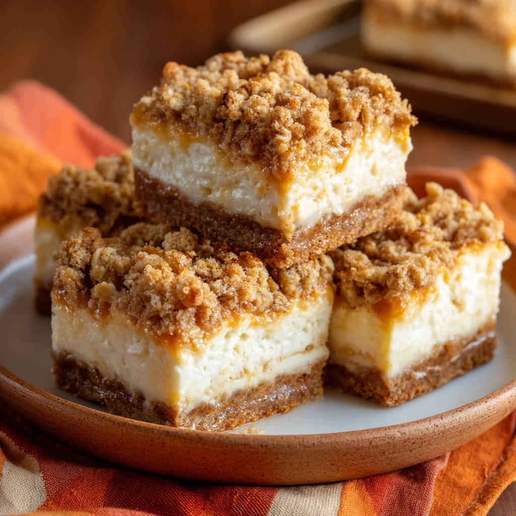 Creamy caramel crumble cheesecake bars stacked on a plate, showcasing their layered dessert texture.