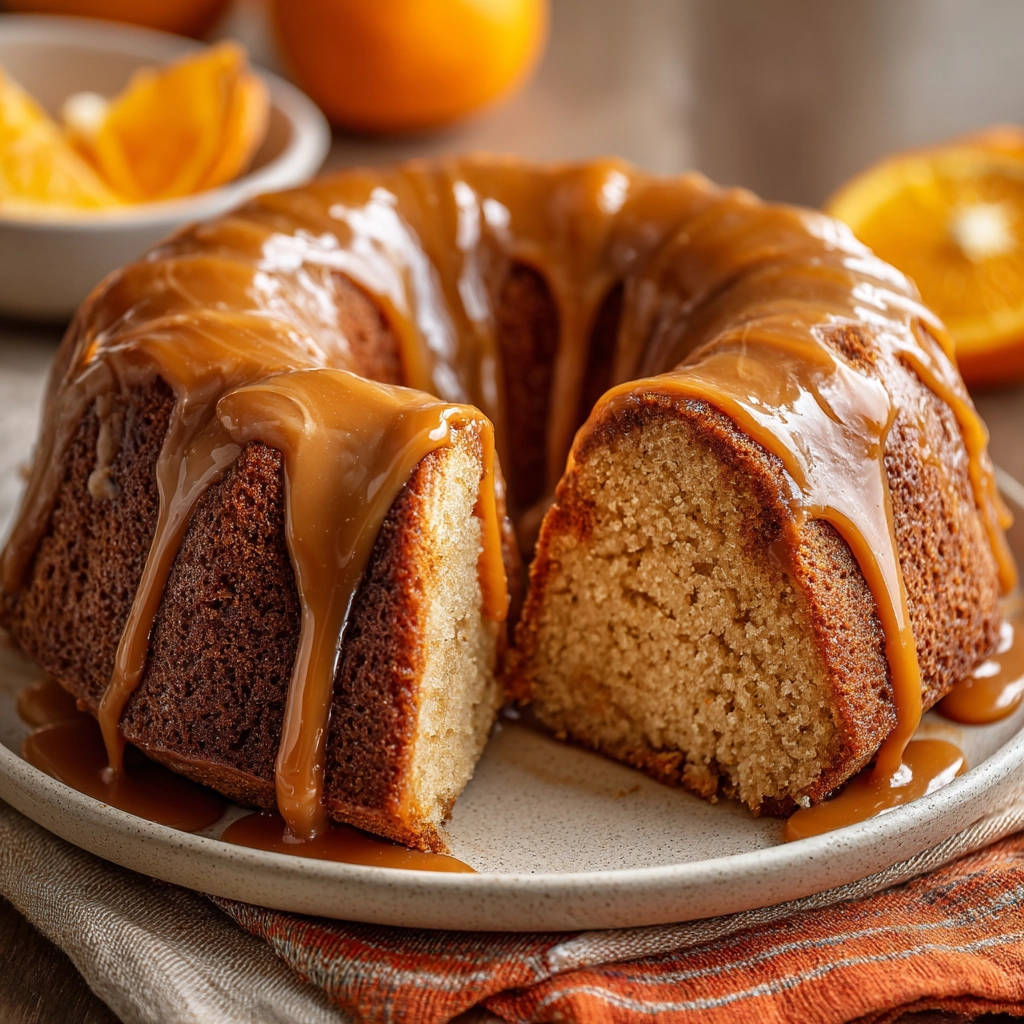 Caramel orange bundt cake sliced open showing its interior with rich caramel drizzle cascading down the sides.