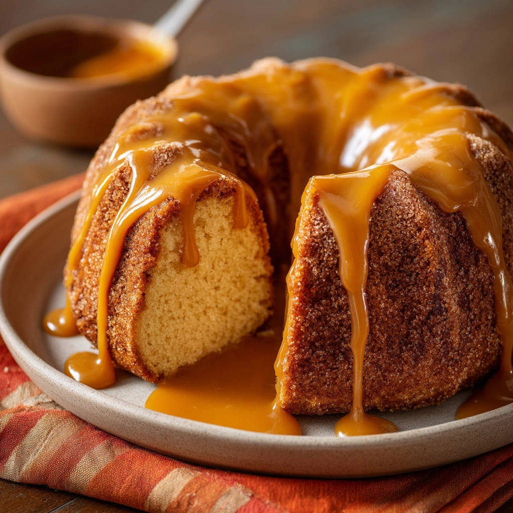 Caramel orange bundt cake cross-section with thick caramel glaze dripping down the side.