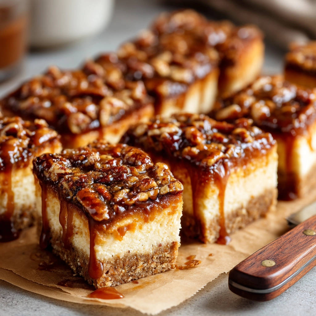 Amazing Caramel Pecan Cheesecake Bars, a close-up slice showing the creamy cheesecake and nutty topping.