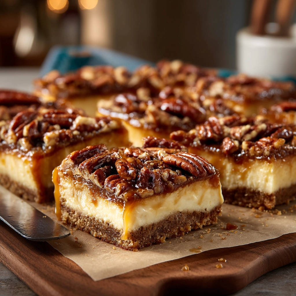 Amazing caramel pecan cheesecake bars shown in a close-up cross-section revealing layers of creamy cheesecake and pecan topping.