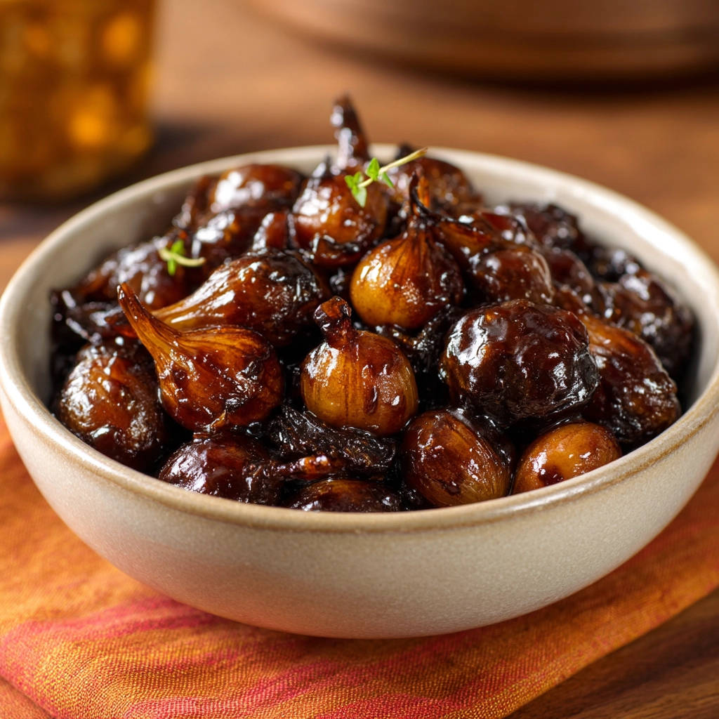 Speedy caramelized pearl onions recipe glazed and served in a bowl, with a sprig of thyme garnish.