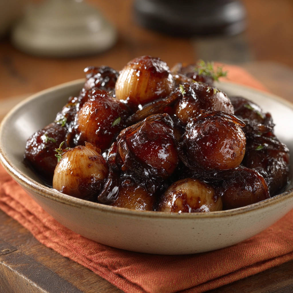 Speedy caramelized pearl onions glistening with a rich, dark glaze in a rustic bowl.