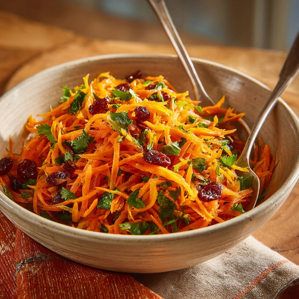 Bright Carrot & Cranberry Salad shown in a rustic bowl with two forks, highlighting the fresh ingredients and vibrant colors.