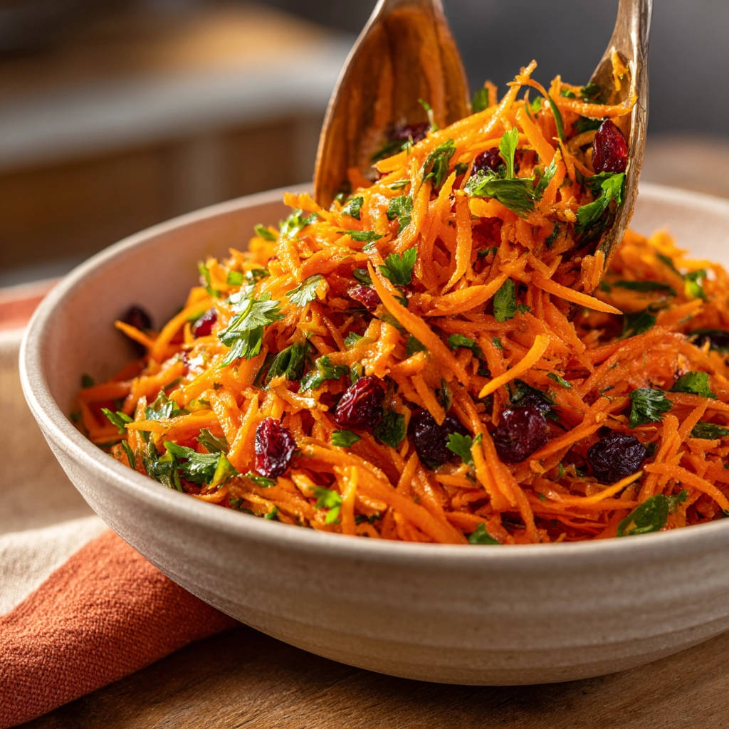 Bright carrot & cranberry salad being served with wooden tongs from a rustic bowl, garnished with fresh parsley.