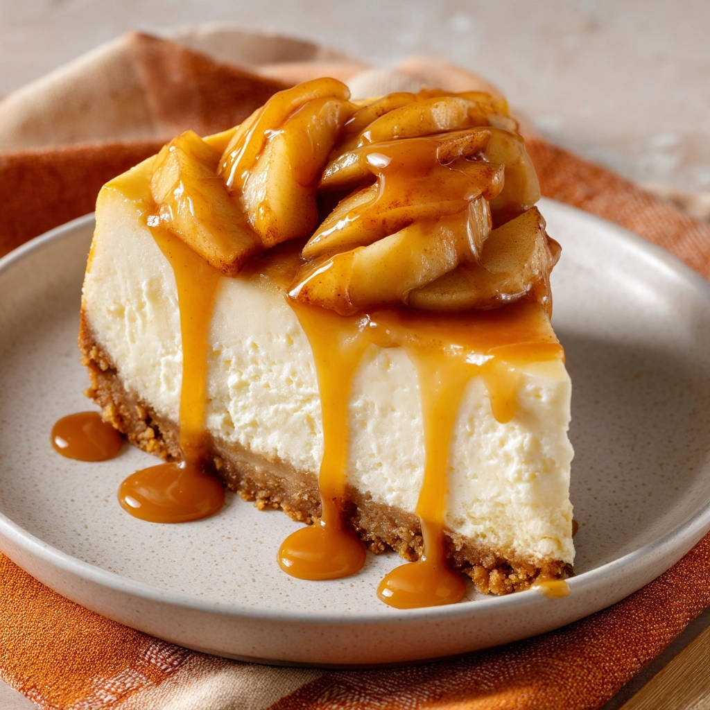 Cheesecake with caramel apple topping and dripping caramel sauce on a plate