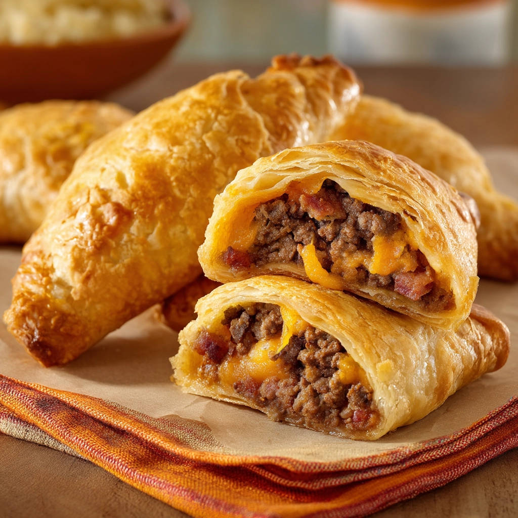 The Best Cheesy Bacon Beef Pockets shown in a close-up cross-section revealing the savory filling and golden pastry.
