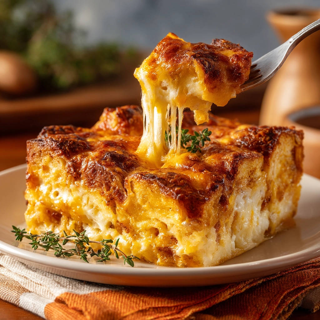 Cheesy baked bread custard with a fork pulling up a stringy, melted cheese section.