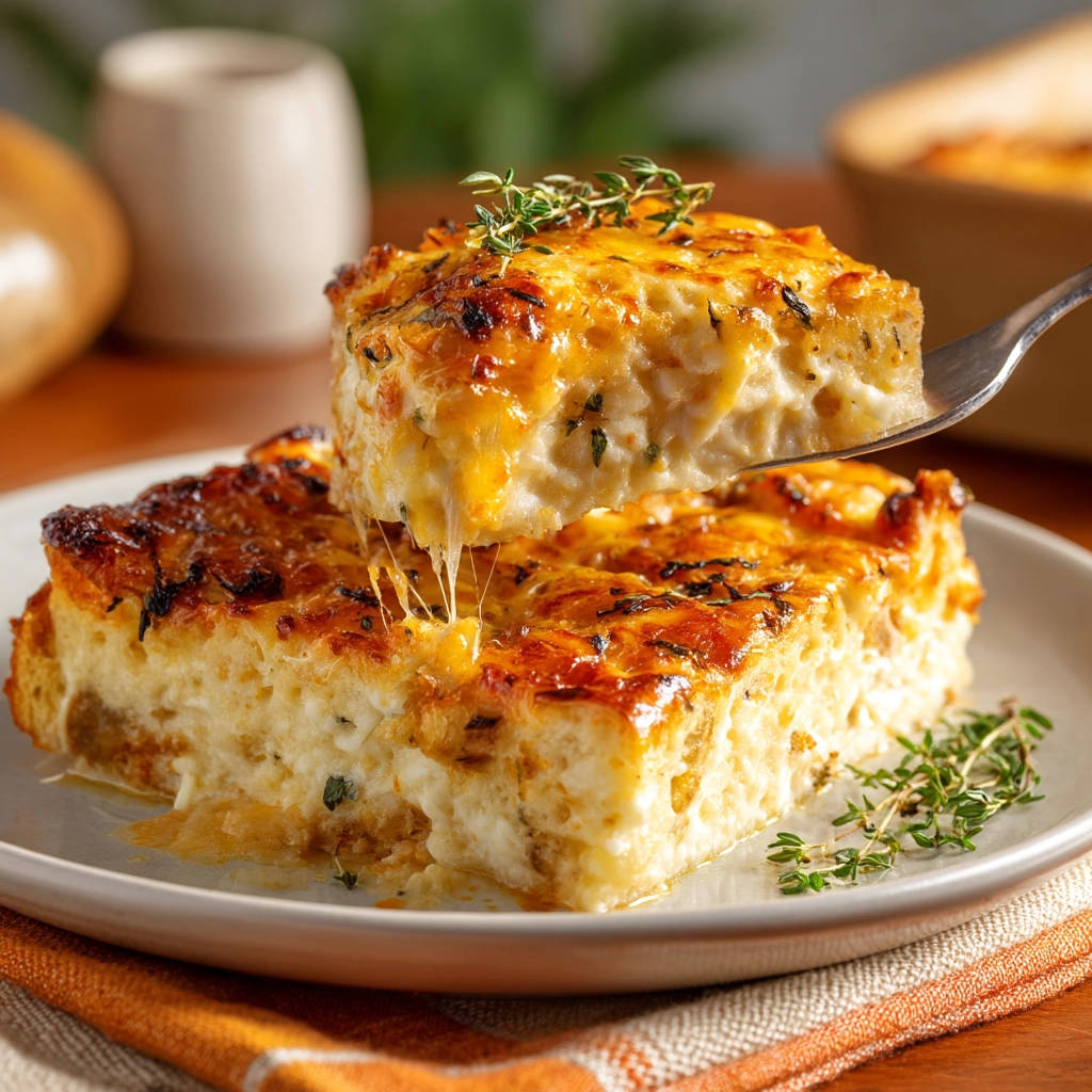 Cheesy baked bread custard, with a slice being lifted to reveal its gooey, cheesy interior and golden-brown topping.