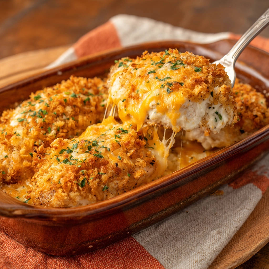 Cheesy baked chicken with a cheesy pull, showing the breaded topping and melted cheese.