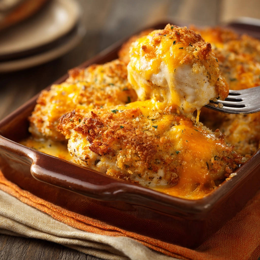 Cheesy baked chicken lifted with a fork, showing a close-up of the melty cheese topping and golden breaded crust.