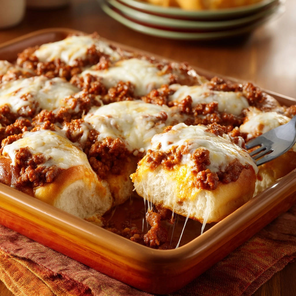 Cheesy baked meat rolls with a fork pulling away a melty, cheese-filled bite from the casserole dish.