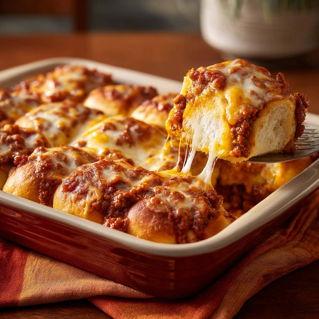 Cheesy baked meat rolls with a piece being lifted, showing a delicious cheese pull and gooey filling.